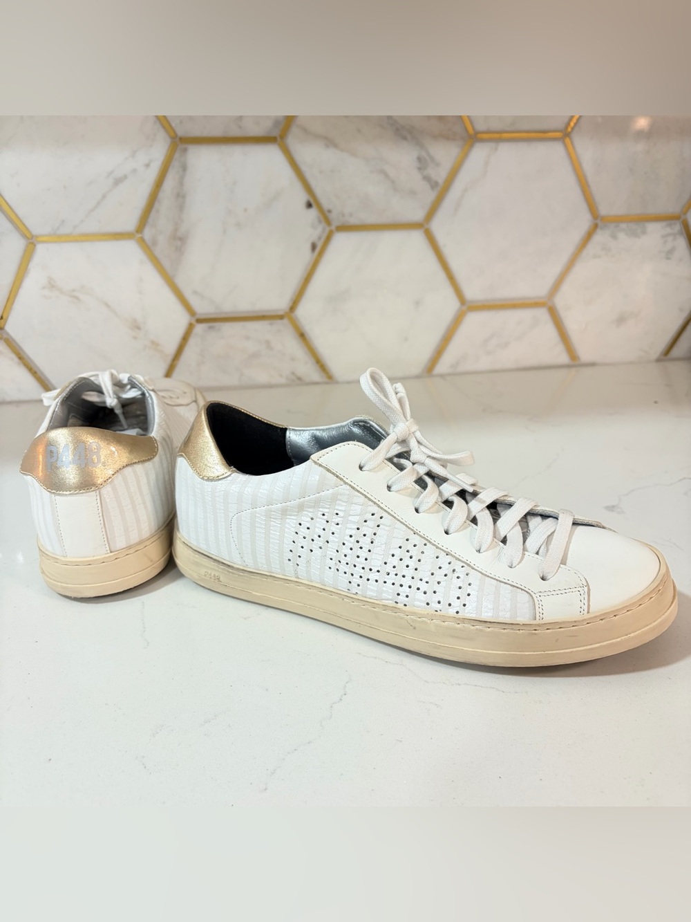 LikeNew P448 Made in Italy White Leather+Gold Low Top Sneakers Size 40 US 9-9.5